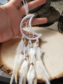 1pc Moon & Crescent Dreamcatcher Pendant Decor With Feathers, Romantic Gift For Girls, Suitable For Car, Room, Home, Wedding Party Decoration (Feathers Are Artificial) - Moon - View 3