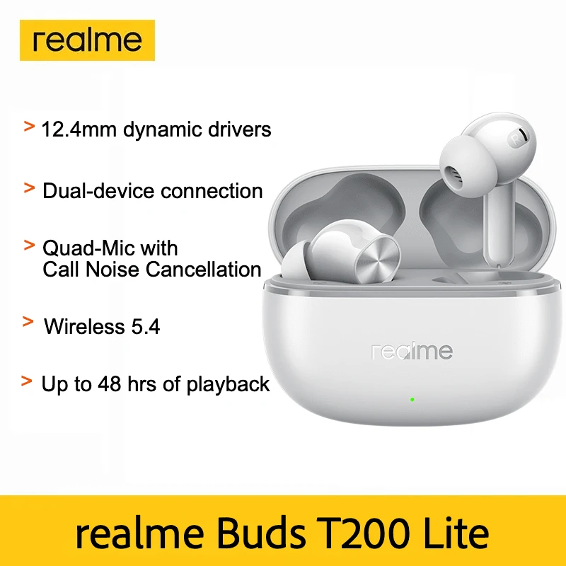 Realme Buds T200 Lite，真无线入耳式耳机，12.4mm动圈单元，长达48小时续航，45毫秒延迟，降噪(ENC)，无线5.4，圣诞礼物/赠品 - 灰色 - 查看 1