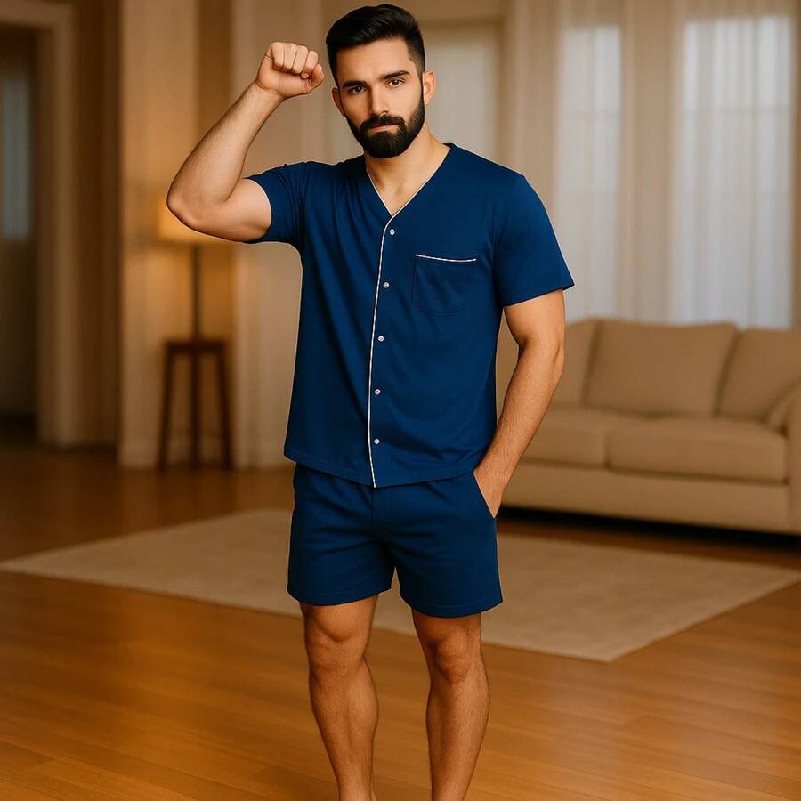 Men's Short Summer Open Button Pajamas - Navy Blue - View 1