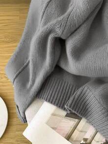 Women's Solid Color Minimalist Round Neck Long Sleeve Soft & Cozy Knit Sweater - Grey - View 5