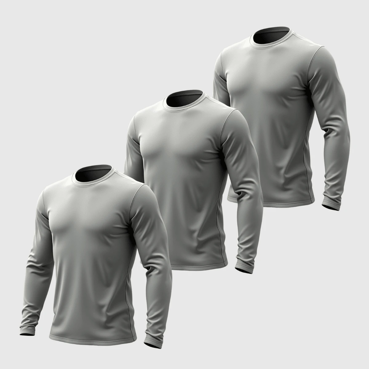 Kit 03 Men's Long Sleeve T-Shirt, Plain Cotton, Basic, Round Neck - Grey - View 1