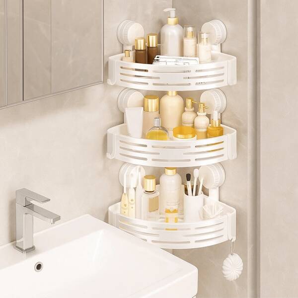 Triangular Space-Saving Suction Cup Bathroom Storage Shelf No Drilling Required Multifunctional Storage Organizer With Hooks