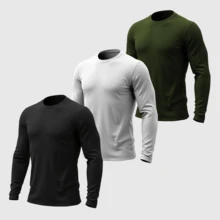 Kit 03 Men's Long Sleeve T-Shirt, Plain Cotton, Basic, Round Neck - Black White Green - View 1