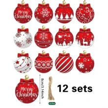 12 件创意圣诞球木卡挂饰套装，圣诞树装饰，2D 平面木牌挂饰，适用于圣诞节、新年、生日、婚礼、周年纪念、节日庆祝派对、室内和室外 - 彩色 - 查看 9