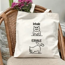 [Variation In Color Is A Normal Craftsmanship Phenomenon, Not A Defect]Cute Cat Handbag Cat Theme Tote Bag, Ideal Gift For Friends, Birthday, New Year, Inhale Exhale Printed Handbag Large Capacity  Simple Style Durable Tote Bags For Outdoor Picnic, Party, Traveling, Shopping - Black - View 4