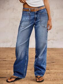 Quần jeans nữ ống đứng, quần jeans cạp cao co giãn dáng rộng, quần jeans túi rộng kiểu dáng thường ngày, quần jeans chất lượng cao. - Rửa trung bình - Xem 4