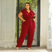 LIA ROSA Plus Size Jumpsuit For Everyday - Women's Elastex Strap V-Neck Wrap Jumpsuit - Redwood - View 1