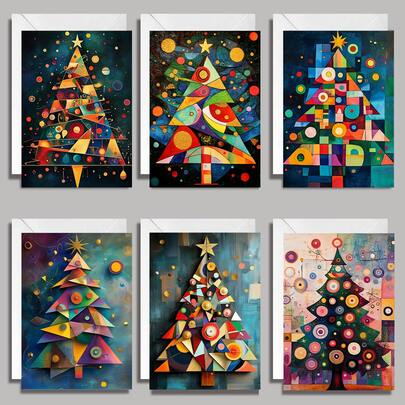 6pcs 10*14.5mm Christmas Ornament Greeting Card Set Of 6, Festive Christmas Baubles And Pine Branches, Folded Holiday Cards, Elegant Holiday Stationery Christmas Tree For Loved Ones, Friends And Family Greeting Card Gift For Her Friend Daughter Mother Kids Gift