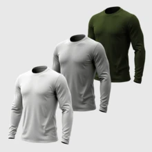 Kit 03 Men's Long Sleeve T-Shirt, Plain Cotton, Basic, Round Neck - White Gray Green - View 1