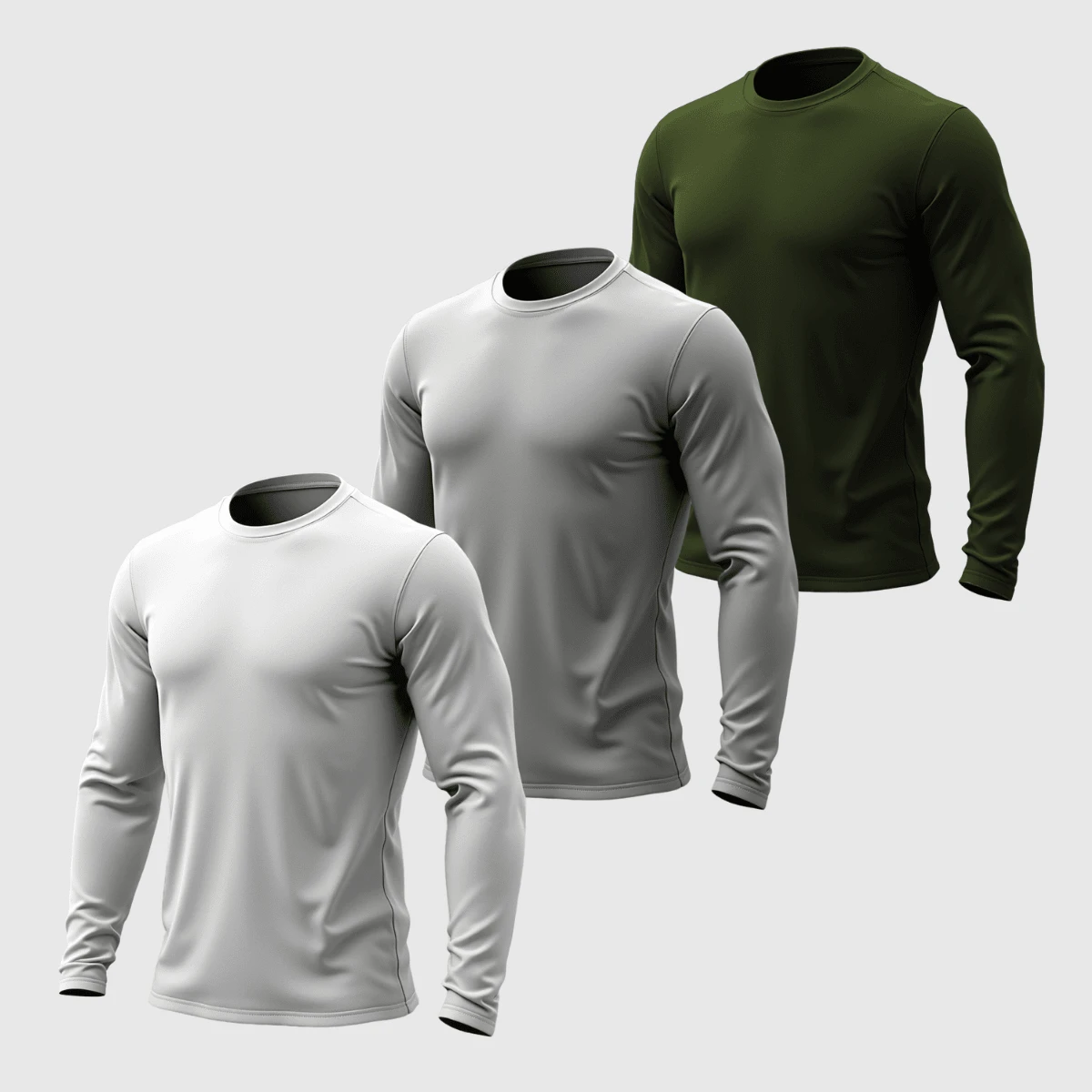 Kit 03 Men's Long Sleeve T-Shirt, Plain Cotton, Basic, Round Neck - White Gray Green - View 1