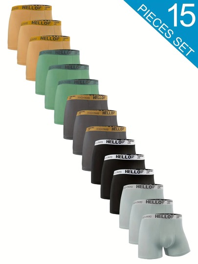 15 Pieces Men's Soft Stretch Underwear With 'HELLO' Waistband - Breathable Polyester Blend, Medium Elasticity Comfortable, Machine Washable, Multi-Color Casual Sports Underwear, Daily Comfortable, Fashionable Underwear, Comfortable Fit,A Best Gift For Him