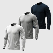 Kit 03 Men's Long Sleeve T-Shirt, Plain Cotton, Basic, Round Neck - White Gray Blue - View 1