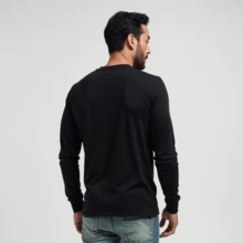 Kit 03 Men's Long Sleeve T-Shirt, Plain Cotton, Basic, Round Neck - Black - View 4