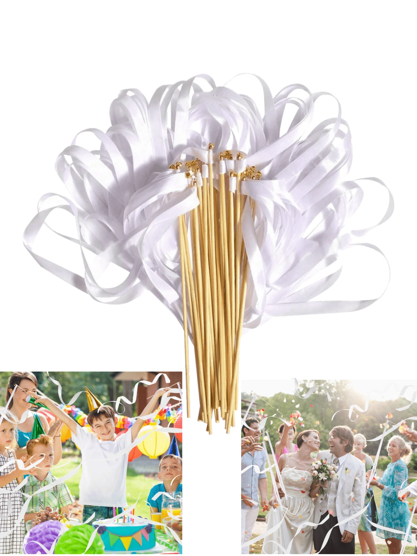20pcs White Satin Lace Wands, Silk Fairy Wands, Wedding Ribbons, Golden Bells, Party Wands, Party Favors, Wedding Party Event Decorations, Holiday Birthday Celebrations, Suitable For Weddings, Holiday Birthday Parties, Valentine's Day, Christmas Weddings Decorations, Best Gifts, Home Decor, Room Decor, Bridal Christmas Decorations - Multicolor - View 1