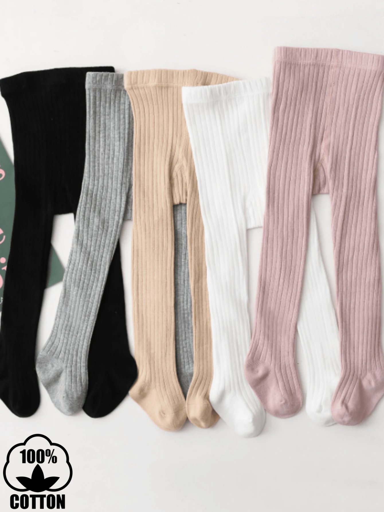 5双纯色竖条纹棉质连裤袜/打底裤，适合女婴，糖果色 - 彩色 - 查看 1