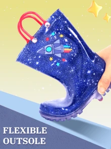 Kids Rocket Pattern Waterproof Anti-Slip Glossy PVC Rain Boots, Dual-Ear Design For Easy Carrying, Durable, Comfortable, Soft, Lightweight, Suitable For All Seasons