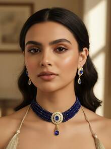 1套阿拉伯風格手工珠寶項鍊，掛墜為水滴形鑽石項鍊，包含相配耳環，適用於女性婚禮、派對、節日及舞會等場合穿搭珠寶套裝 - 項鍊耳環二件組 - 查看 2