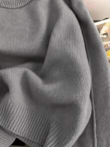 Women's Solid Color Minimalist Round Neck Long Sleeve Soft & Cozy Knit Sweater - Grey - View 4