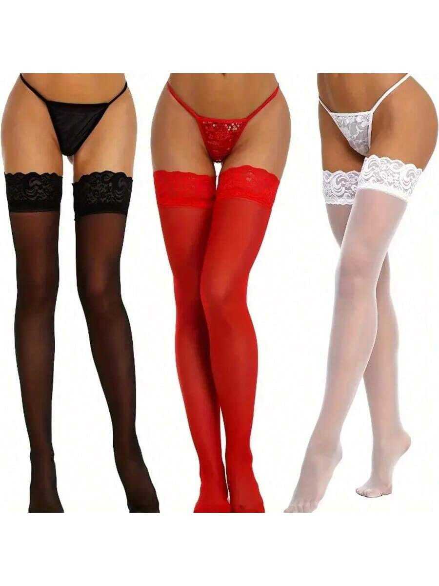 性感内衣，3双蕾丝袜口纯色过膝长袜 - 角色扮演修身过膝袜 - 女士丝袜和连裤袜 - 紅色 - 查看 1