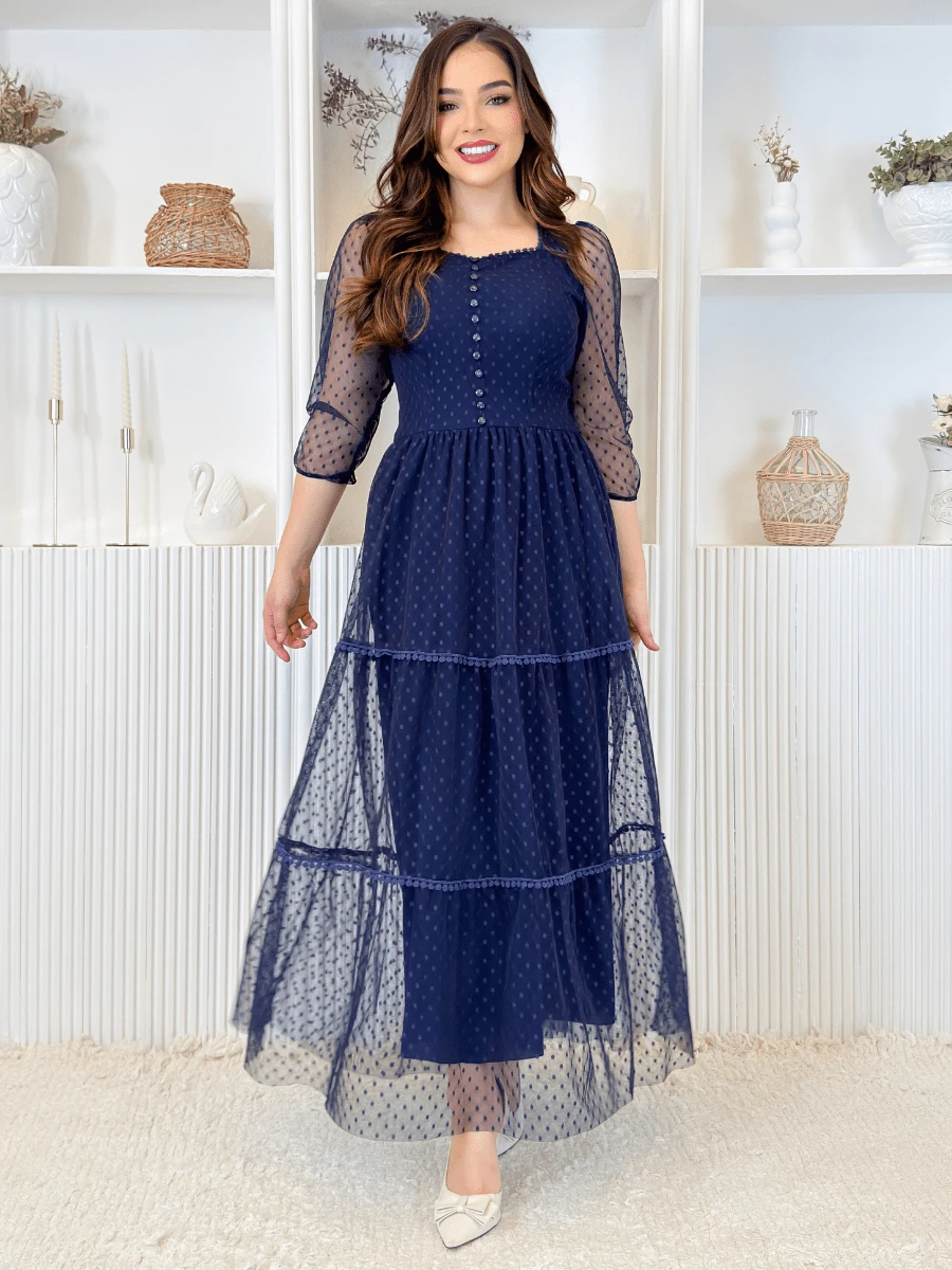 Long Tulle Dress 3/4 Sleeve Square Neckline Elegant Party - Màu xanh hải quân - Xem 1