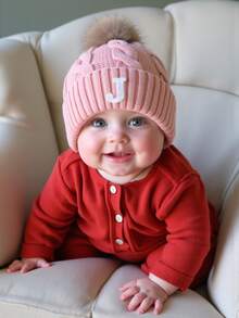 1 件装婴儿 A-Z 字母针织帽 女婴帽子 单绒球儿童无檐便帽 婴儿配饰 儿童帽子 弹力 0-3 岁幼儿女孩男孩帽子 - 粉色 - 查看 2