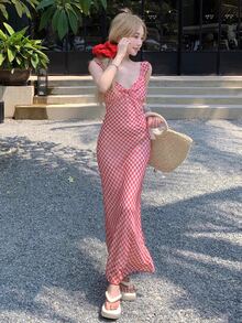 Verano nuevo dulce francés rojo celosía halter vestido de los niños de vacaciones estilo fishtail falda larga - Rojo - Ver 4