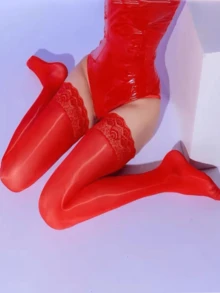 1 双女士红色大腿高蕾丝边长袜，柔软性感 - 紅色 - 查看 3