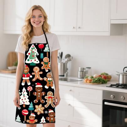 一件圣诞围裙，饰有圣诞树、雪花、姜饼和拐杖糖图案，营造浓郁的红色节日氛围，是一款创意家居装饰围裙，无袖厨房围裙，烹饪围裙，独特的女士围裙/房间装饰围裙，节日家居必备，创意围裙礼物（男士），易于清洁和存放，厨房配件/派对装饰围裙，女士礼物