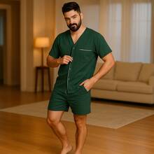 Men's Short Summer Open Button Pajamas - Verde - Ver 1