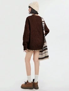 女式白色麻花针织圆领套头衫，简约设计，宽松厚实，休闲/工作装，秋冬 - 棕色 - 查看 6