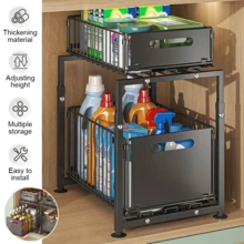 Lislark 2-Tier Pull Out Basket Under Sink Kitchen Cupboard Organiser Drawer Storage Rack Black - Black - View 2