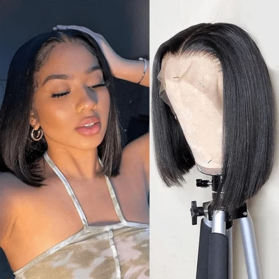 Eulisi 女士短款波波头假发 真人发直波波头假发 13x4 高清前蕾丝假发 真人发预拔 无胶真人发波波头假发 女士自然发际线 180% 密度 12 英寸