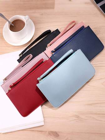 Cartera portátil minimalista con cremallera larga para pasaporte, bolso de mano/embrague multifunción delgado para mujeres (color de cremallera aleatorio)