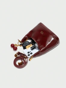 New Fashion Joker Solid Color Pu Waterproof Fabric, Letter Pattern Decoration Design, Zipper Opening And Closing, Handbags, Square Bags, Burgundy Bags, With Pendant Decoration Design, Can Be Slung, Suitable For Shopping. - 酒紅色 - 查看 4