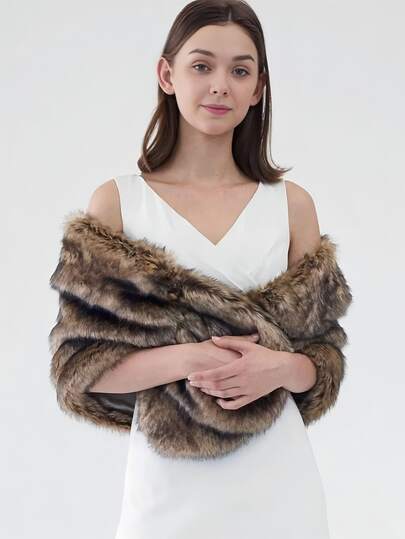 Women's Elegant & Fashionable Black-Brown Faux Fur Shawl, Soft Faux Fur Shawl For Women, Bridal Shawl, Suitable For Party, Wedding, Evening Events For Dress