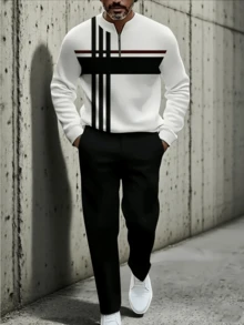 2PCS High-Quality Polyester Men's Long-Sleeved + Long Pants Sportswear Set, 3D Printed Pattern, Anti-Wrinkle And Easy To Care For, Half-Collared Top, European And American Style, Fitness, Outdoor Leisure, Golf, Tennis - 黑色 - 查看 2