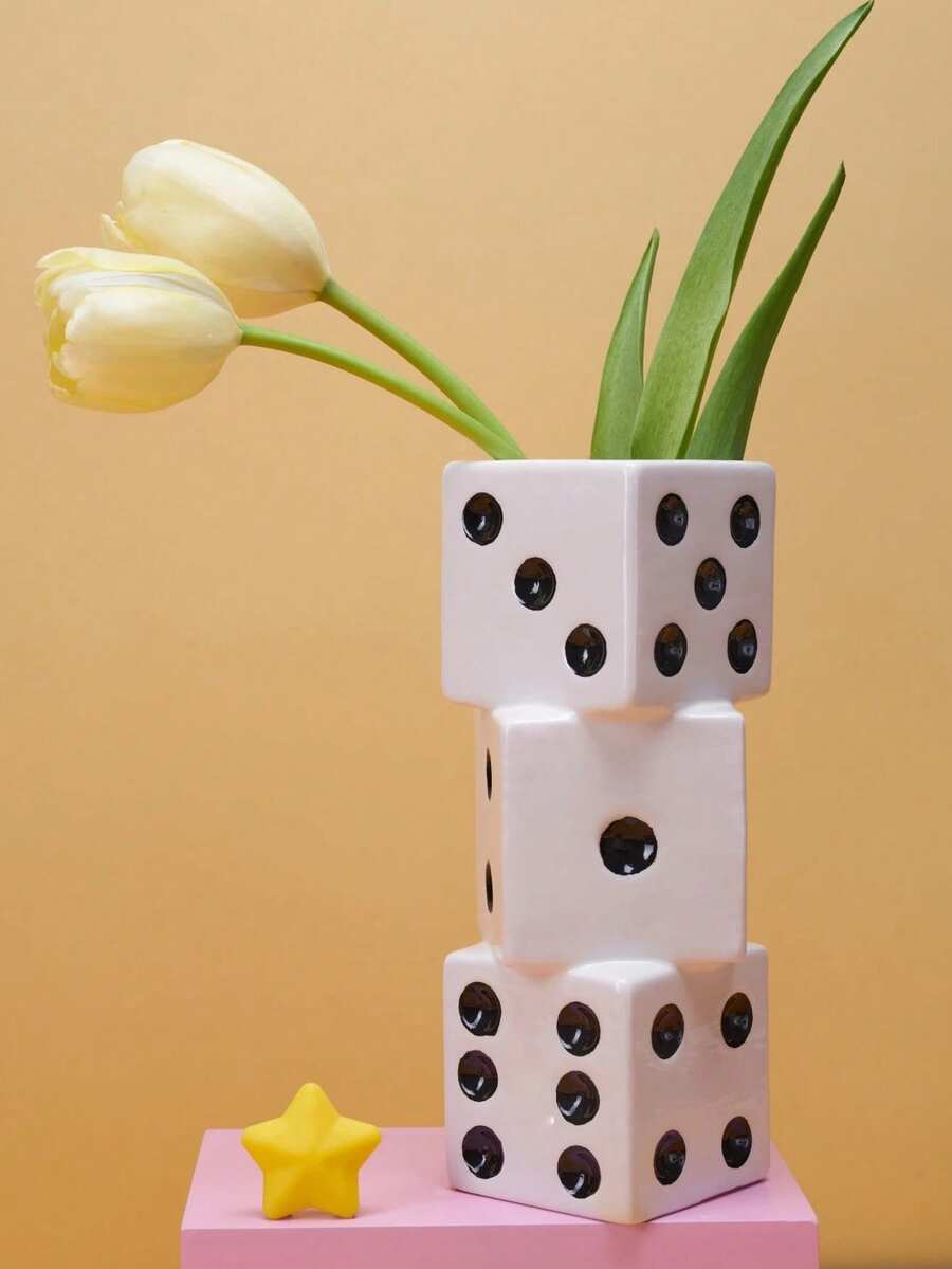 Black & White Dice Vase, Maximalist Ceramic Vase, Vintage Home Decor, Suitable For Desk, Bookshelf, Dining Table, Bar Cart And Vanity, Unique, Cool Room Decoration, Rama Gifts Birthday, Graduation, Back To School Supplies - Multicolor - View 1