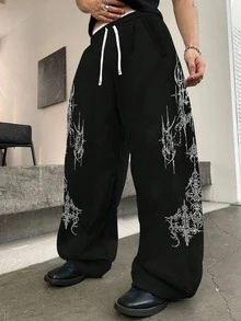 Gothic Pattern Print, Frayed Hem Street Style, Suitable For All Seasons, Loose Sweatpants, Street Casual, Comfortable, Sports, Men Pants - Black - View 1