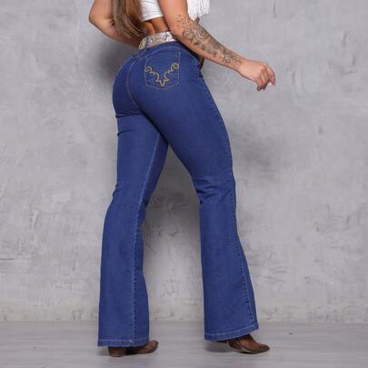Calça Bordada Flare Feminina Rodeio Estilo COUNTRY Sertanejo Montaria Lycra Elastano Texana  Nenhum  Botão  Zíper    Diário