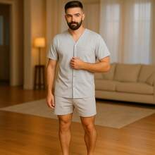 Men's Short Summer Open Button Pajamas - Gris - Ver 1