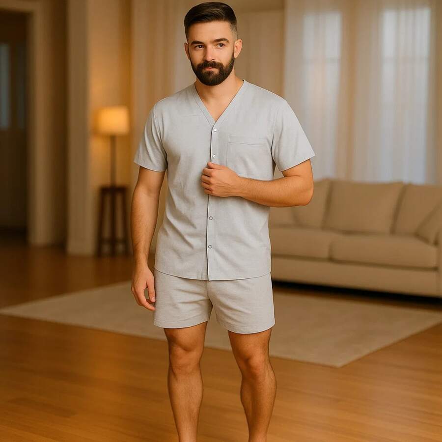 Men's Short Summer Open Button Pajamas - Gris - Ver 1