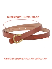 1 件女士棕色仿皮字母装饰腰带，配金色扁平 C 形扣，百搭腰带，凸显身材，优雅风格