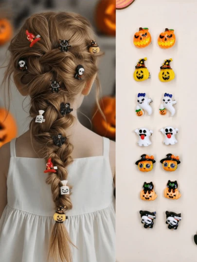 14件套万圣节发夹及配饰，蜘蛛、幽灵、南瓜头饰，适合青少年派对、聚会等场合。