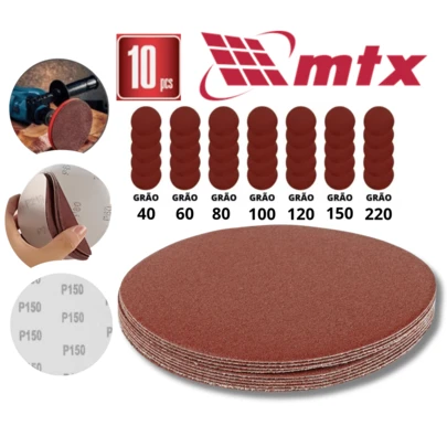 Disco de Lixa com VeIcro 125mm 10 Peças MTX Kit 10 Lixas Circular Para Lixadeira Kit Lixa Sem Furo