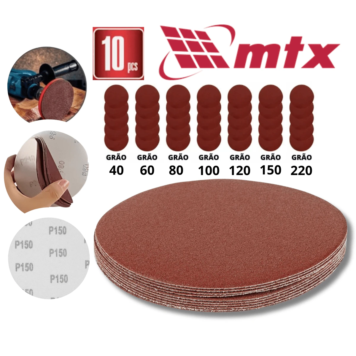 Disco de Lixa com VeIcro 125mm 10 Peças MTX Kit 10 Lixas Circular Para Lixadeira Kit Lixa Sem Furo