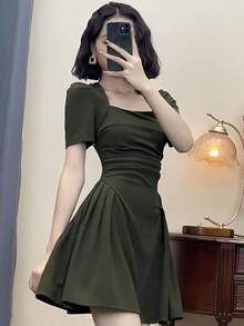 Temperamento de cuello cuadrado nuevo diseño de nicho en forma de pera, vestido dulce, picante y puro, niños vestidos de negro de verano - Verde - Ver 3