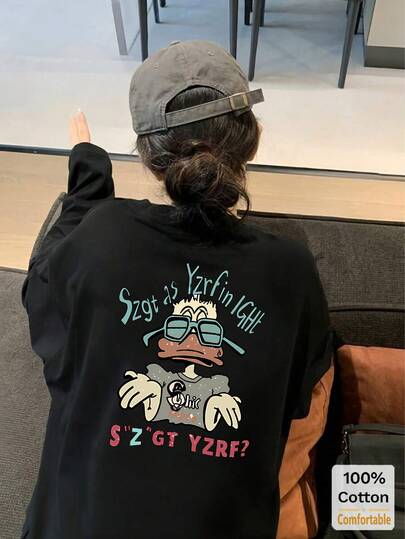 女性用コットンカートゥーン柄長袖Tシャツ、ルーズミドル丈トップス、ブラック、秋冬ファッション向け