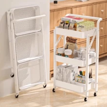 Lislark 3 Tier Metal Folding Trolley Cart Storage Rack Rolling Shelf Beauty Office Wheel(Black/White) - White - View 2