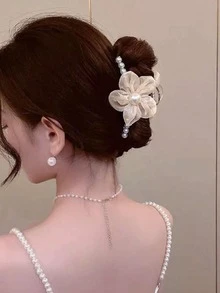 1pc Women's Fashionable Elegant Faux Pearl Flower Hair Clip Fall Fashion Claw Clips Autumn Hair Accessories Hair Claw Hair Clutch Clips For Hair Winter For Vacation Outfits Woman - Champagne - View 3