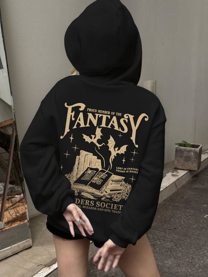 Plus Size Women's Comfortable Fantasy Theme Sweatshirt With Book And Flying Dragon Magic Patterns | Casual Long Sleeve Sweatshirt | "Fantasy Reader Association" Pattern | Perfect For Autumn And Winter, Plus Size Women's Top | Plus Size Women's Outing Top, Outing Clothing, Plus Size Women's Sportswear, Return School Uniform, School Uniform, Halloween Costume